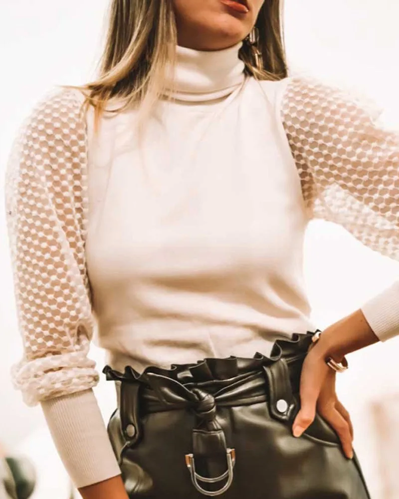 Женская кружевная блузка с высоким воротником и длинным рукавом|Блузки| |