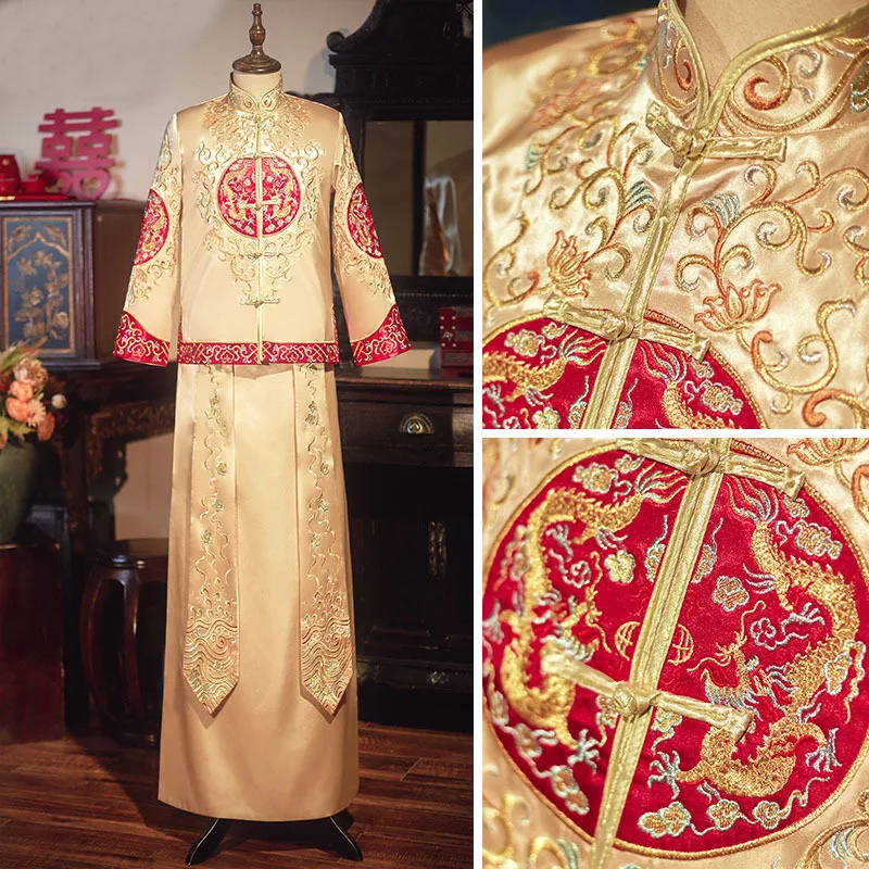 Men Xiuhe Gold Red Clothing Chinese Wedding Dragon Embroidery Coat Groom Large Tang Robe Bridegroom Ancient Wedding Gown Robe