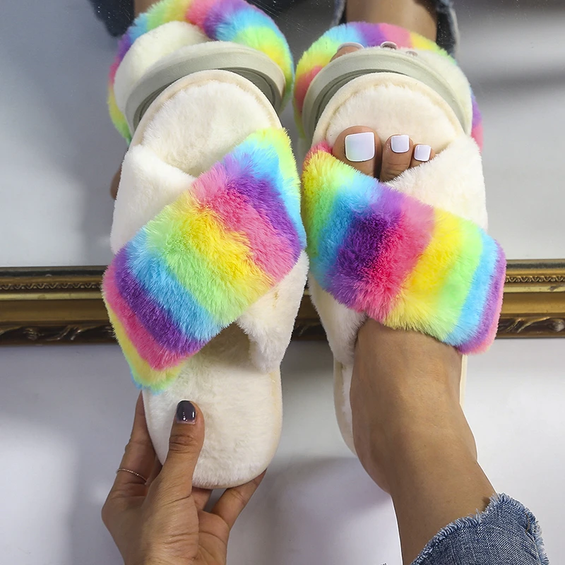 

Зимние женские теплые меховые тапочки, новинка 2021, модные мягкие плюшевые шлепанцы с перекрестным узором, домашние повседневные женские шл...