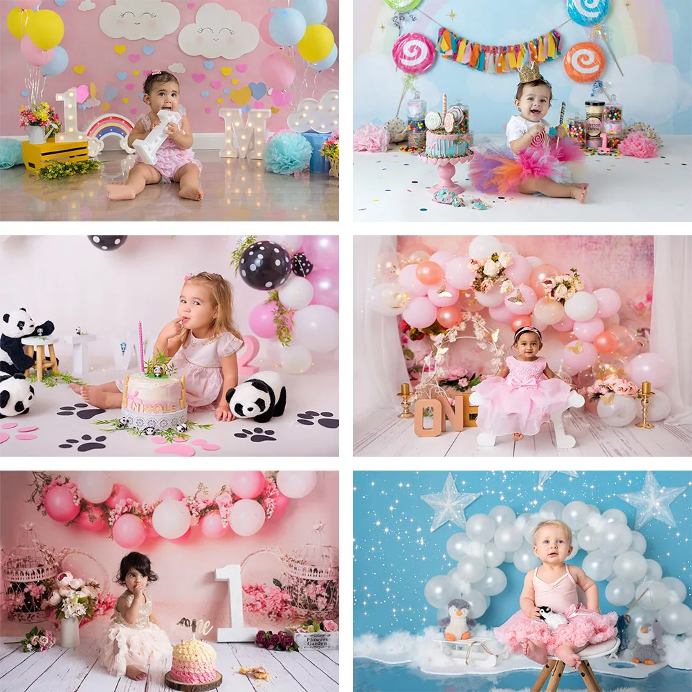 Mehofon Girls 1st Party Birthday Photography Background Colorful Balloon Candy Cake Smash Newborn Portrait Photo Studio Backdrop