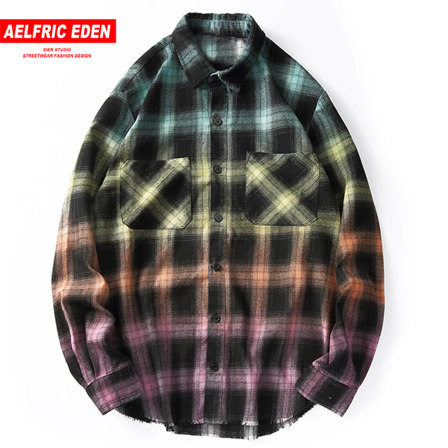 Градиент цвета радуги клетчатые хлопковые рубашки уличная одежда повседневный