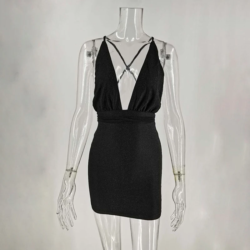

Deep V-neck Backless Mini Dress Women Elegant Bandage Shinny Bodycon Summer Dress Femme Solid Party Clubwear Vestidos