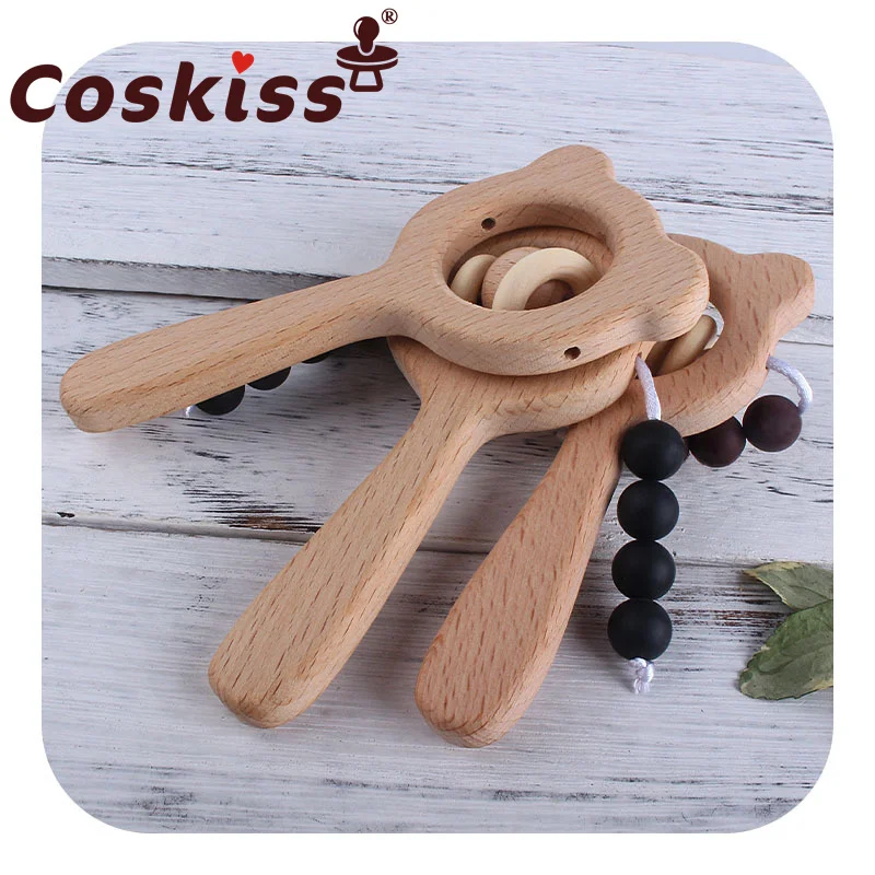 

Coskiss Baby Wooden Beech Rattle Wood Bear Silicone Beads Hand Bell Rattle Newborn Play Gym Montessori Educational KidsToys