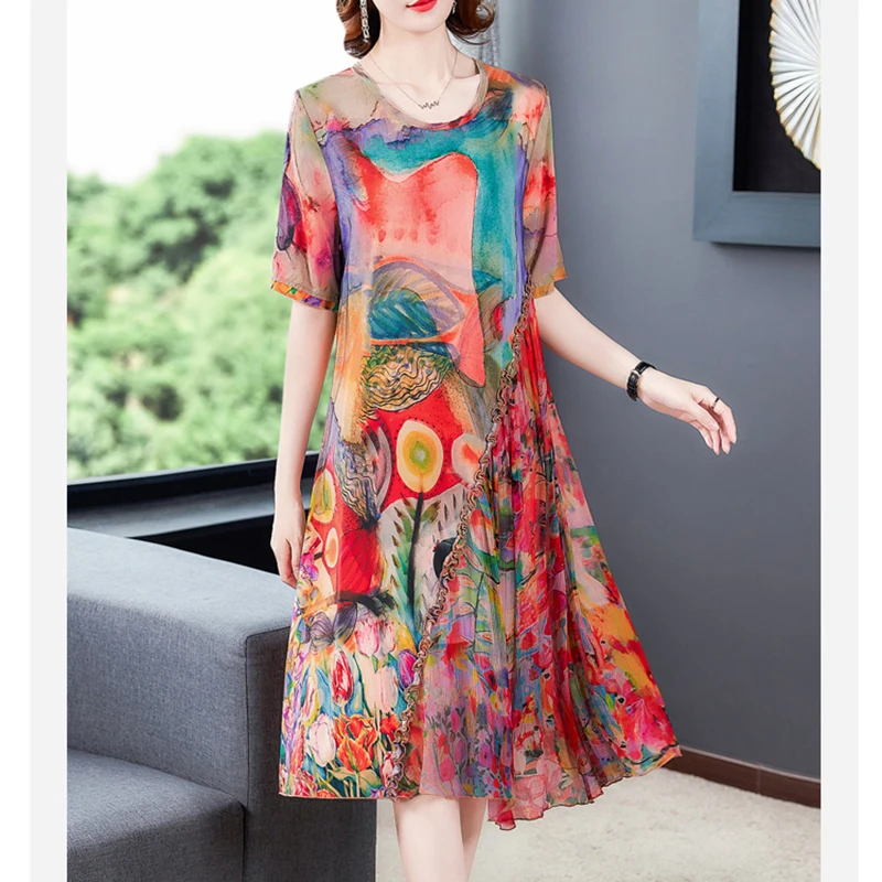 

2021 Summer Casual Floral Mulberry Silk Midi Dress Vintage 4XL Plus Size Beach Sundress For Women Classy Bodycon Party Vestidos
