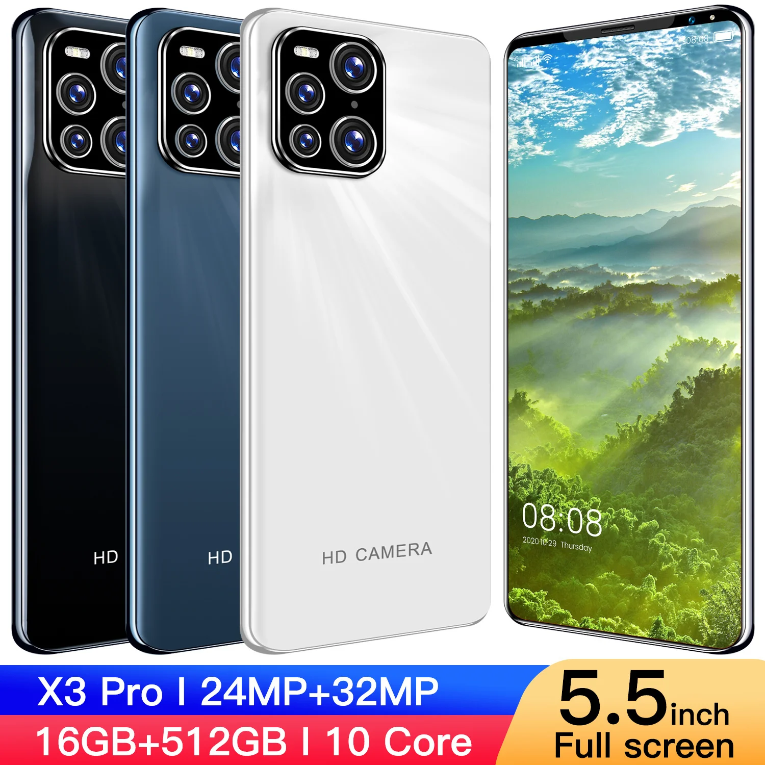 

Hot Buy 2021 New X3 Pro Smartphone 5.5 Inch Android10.0 Face Fingerprint Unlock 4G 5G Network Telephone 16 + 512Gb 5600Mah