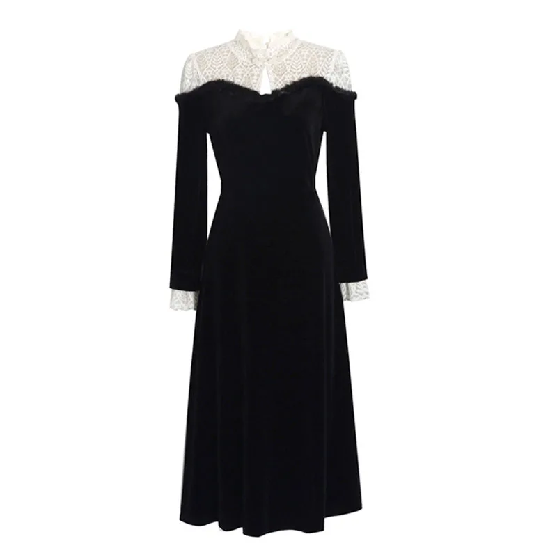 

Милое элегантное черное платье, женское вечернее праздничное шикарное винтажное платье миди с длинным рукавом, кружевное осеннее цельное п...