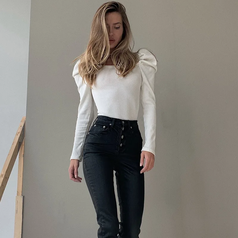 

Spring Women Casual Solid Knitwear Crochet Puff Long Sleeve Shirt Knitted Tops Sweater Female Slim Fit Pullover Jumper S-XL