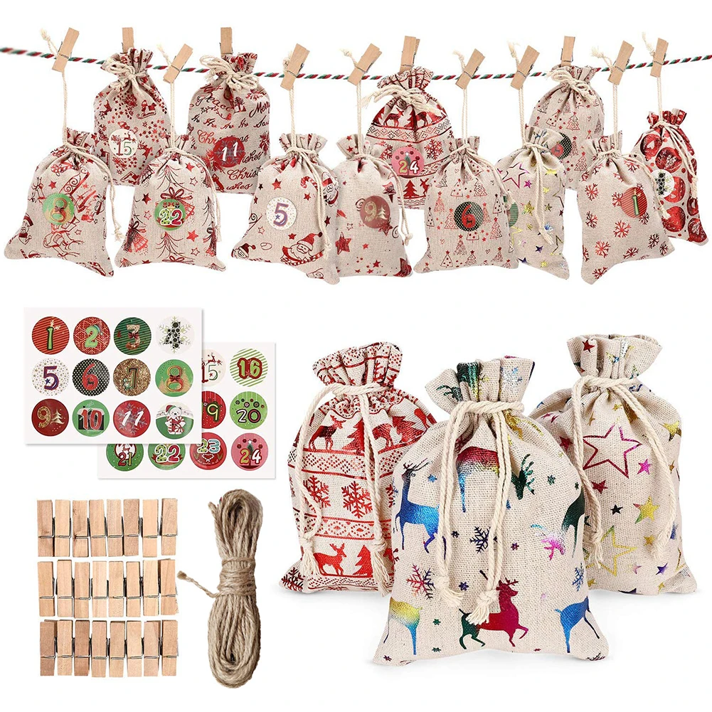 

24pcs Advent Christmas Calendar Filling Candy Linen Bags Gift Bags Yellow Linen 2022 New Year Christmas Tree Decoration