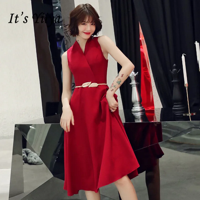 

Женское платье с V-образным вырезом It's Yiiya AR303, бордовое официальное платье без рукавов, трапециевидной формы, длиной ниже колена