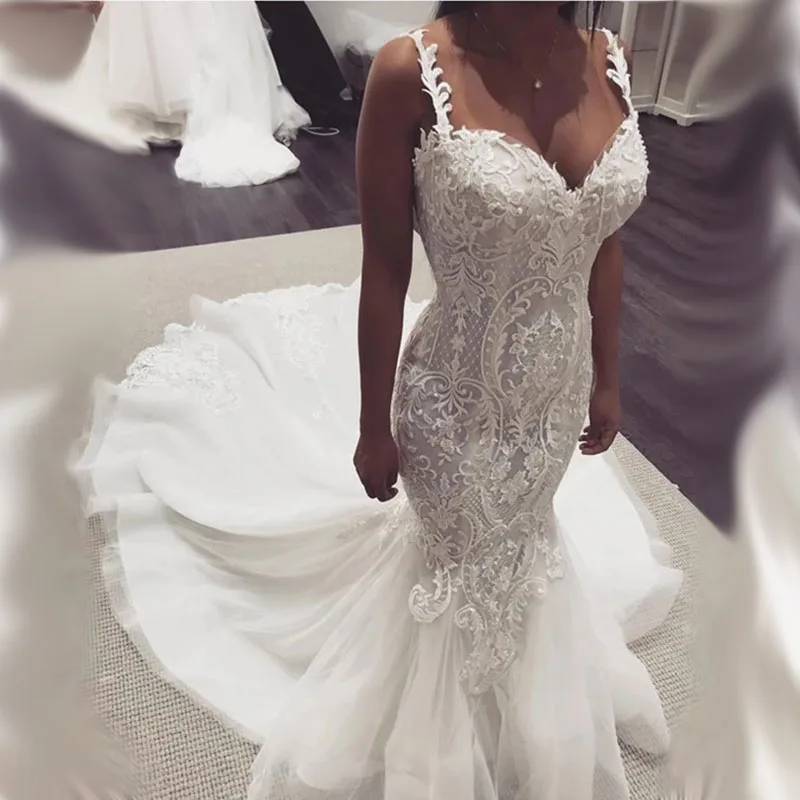 

Elegant Appliques Lace Mermaid Dress Sweetheart Wedding Dress With Sweep Train Bridal Gowns Backless Formal robes de mariée 2020
