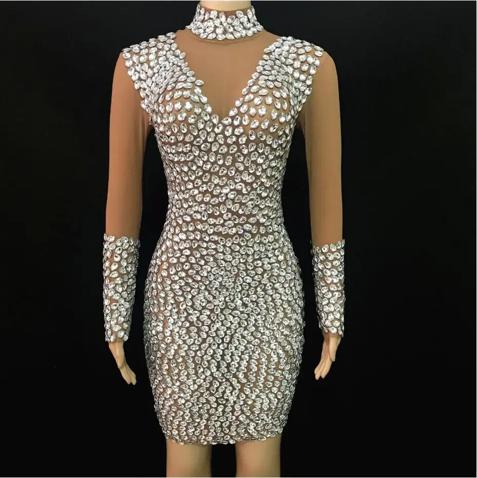 

Shining Silver Big Stones Mesh MINI Dress Evening Female Singer See Through Sexy Costume Birthday Show Turtleneck Dress