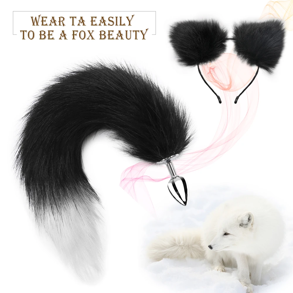 Анальная пробка из нержавеющей стали с искусственным лисьим хвостом и затычкой