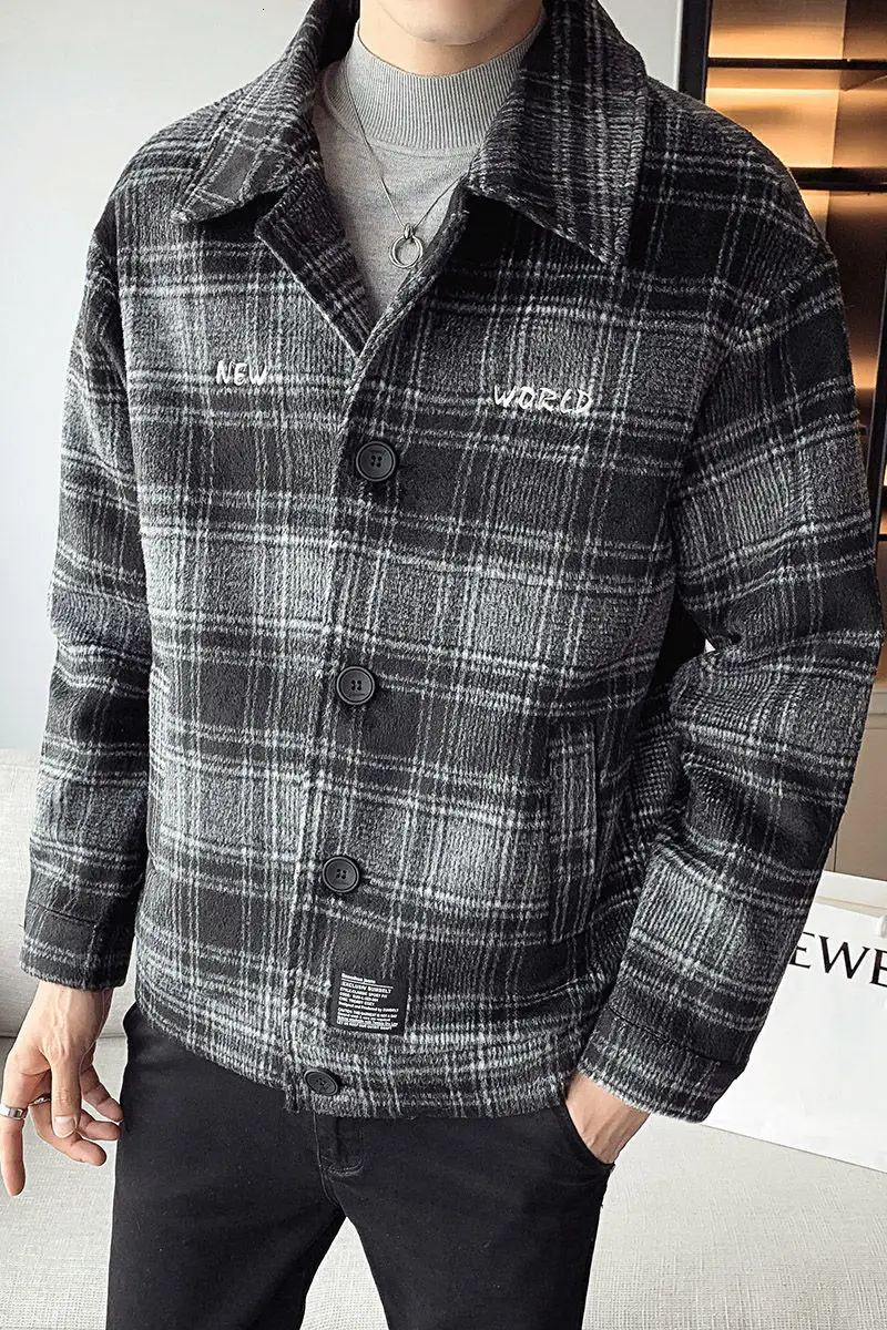 

MrGoldenBowl Autumn And Winter Men's Jacket Turn-Down Collar Plaid Single Breasted Casual Style Men Jacket Korean Style Jacket