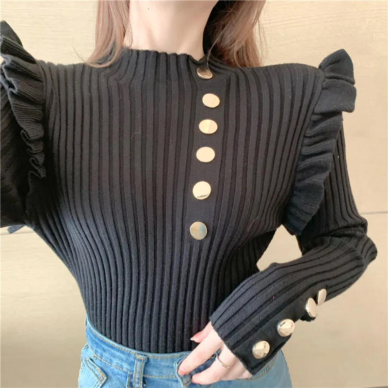 

New 2021 Autumn Winter Sweater Women Turtleneck Ruffles Knitted Sweaters With Button Pink White Or Black Casual Pullover Jumper