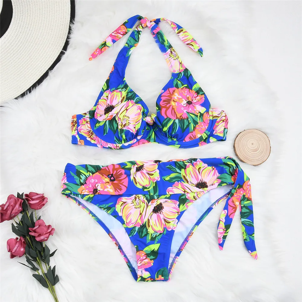

Large Size Bikini 2021 Retro Floral Print Swimwear Women Sexy Push Up Halter Brazilian Swimsuit Plus Bikini Set Bathing Suit 2XL