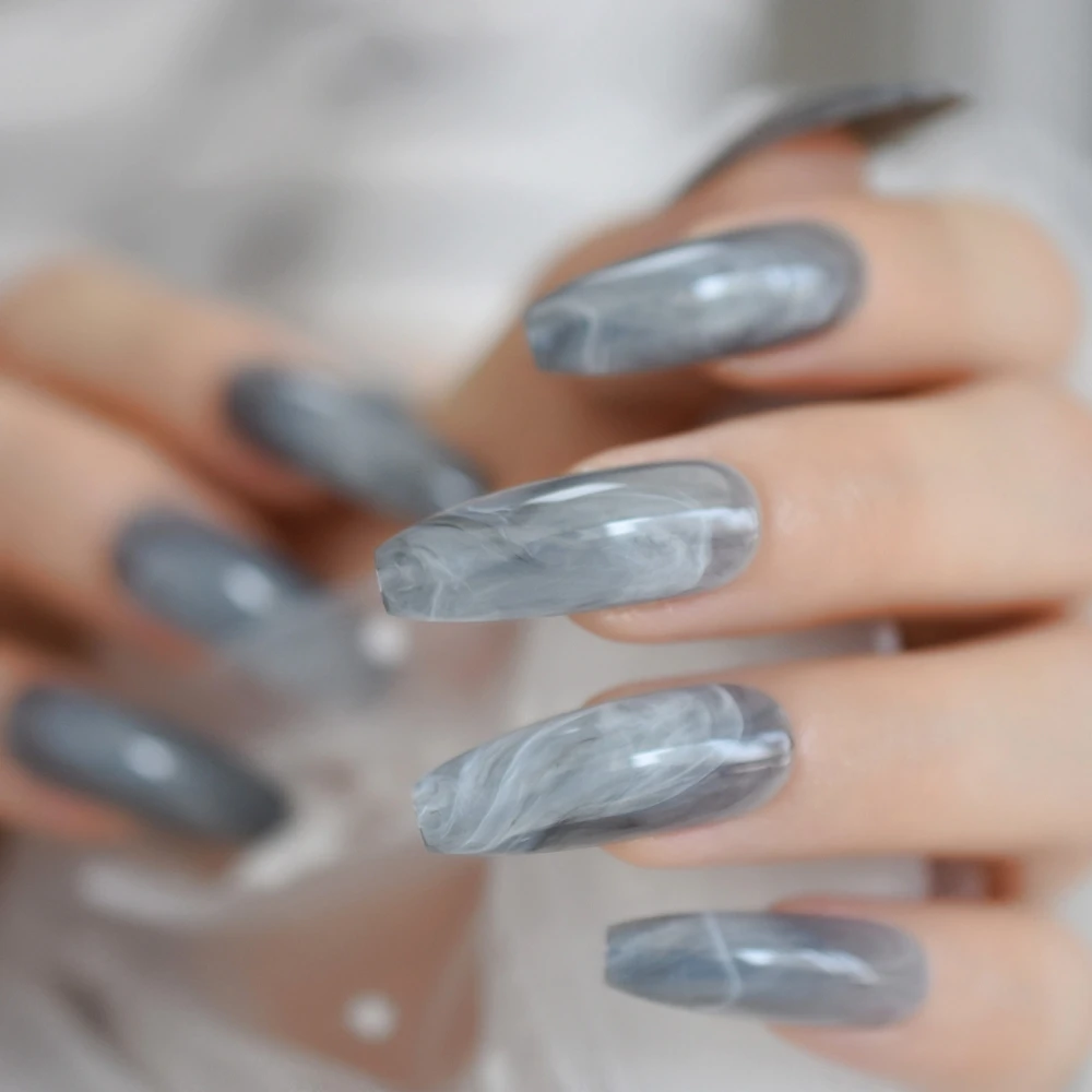 Мраморные накладные ногти Экстра длинные балерины глянцевый камень шаблон форма