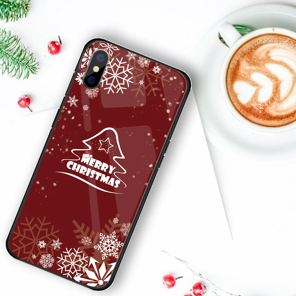 Роскошный Рождественский чехол для iPhone X XS XR XSMAX, жесткий стеклянный чехол Чехол для iPhone 5 5S SE 6 6S 7 8, новогодний подарок, Conque