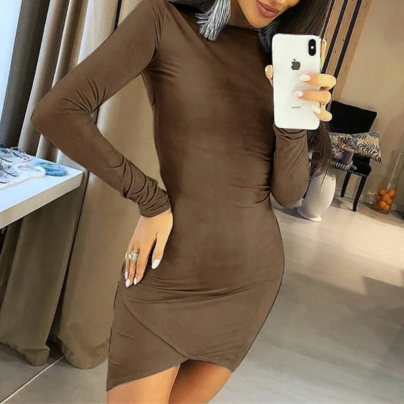 

New Fashion Mini Dress Slit Women Long Sleeve Solid O Neck Bodycon Sexy Streetwear Elegant 2020 Autumn Winter Club Party Slim