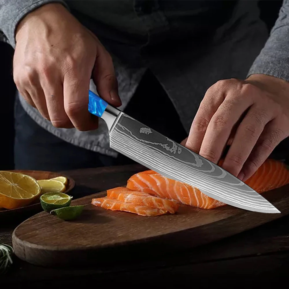 

MANCROZ Kitchen Knife Set Resin Handle Laser Damascus Pattern Utility Gyuto Boning Professional Japanese Chef Knives