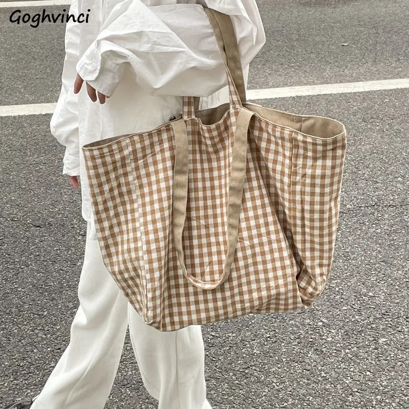 Women Canvas Shoulder Bags Plaid Double-side Large Capacity Handbags Female Shopping Portable Lazy All-match Foldable Tote Bag