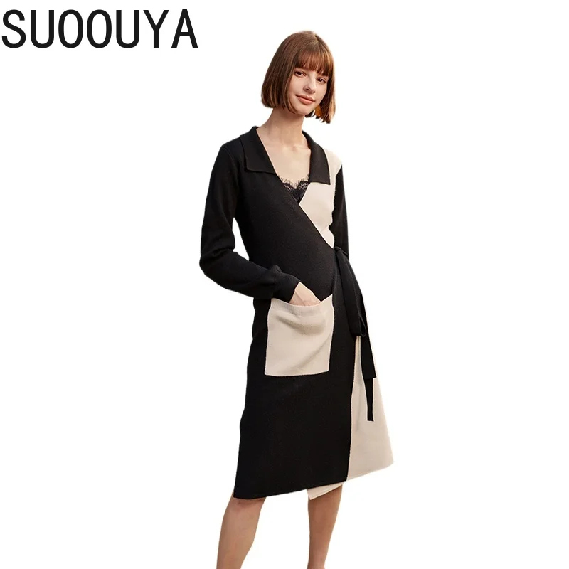 

[SUOOUYA] Korean Women New Fashion Black Contrast Color Knitting Cardigan Sweater Loose Fit V-Neck Long Sleeve Spring Tops 2021