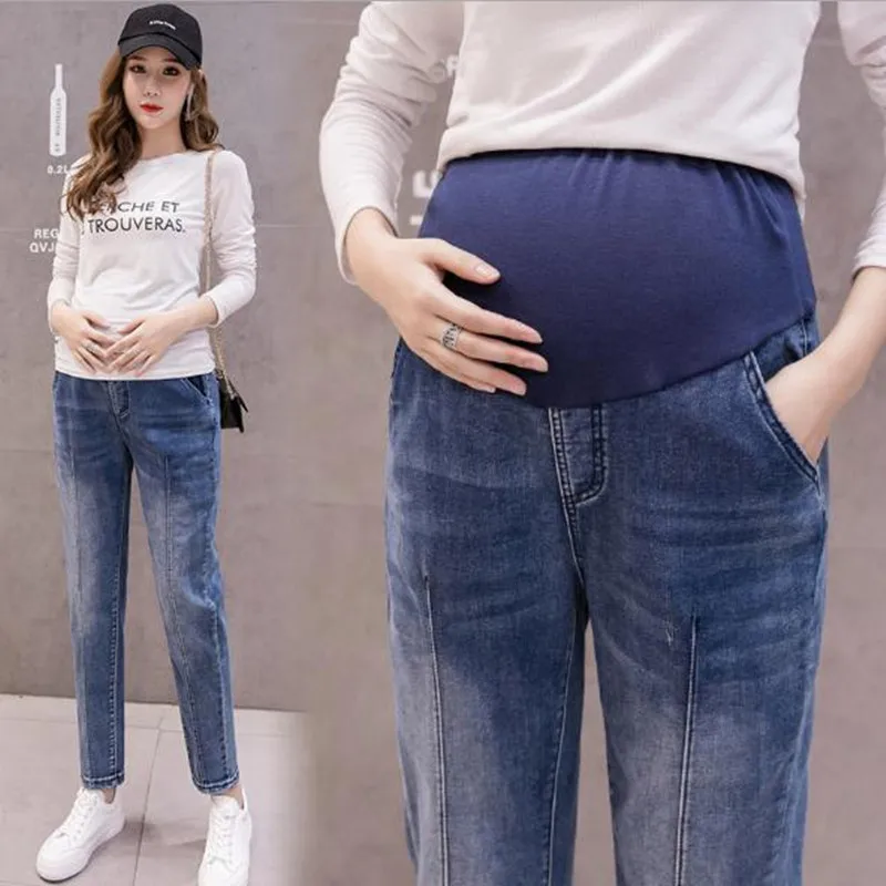 

Autumn and winter fashion loose pregnant women jeans high waist stomach lift pregnancy pants fashion denim Harlan trousers