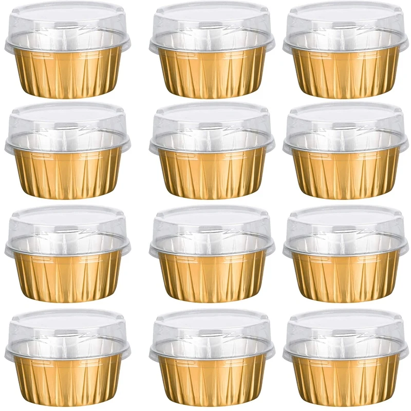 Dessert Cups with Lids Gold Aluminum Foil Baking Cups Holders Cupcake Bake Utility Ramekin Clear Pudding Cups