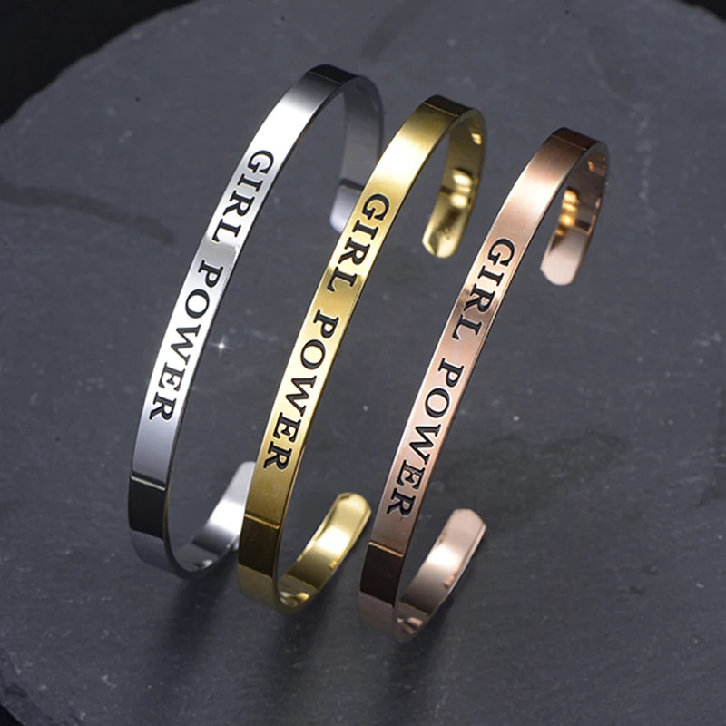 

High Polished Stainless Steel Bangle Girl Power Inspirational Bracelet Bangle Positive Saying Engrave Encouragement Gifts