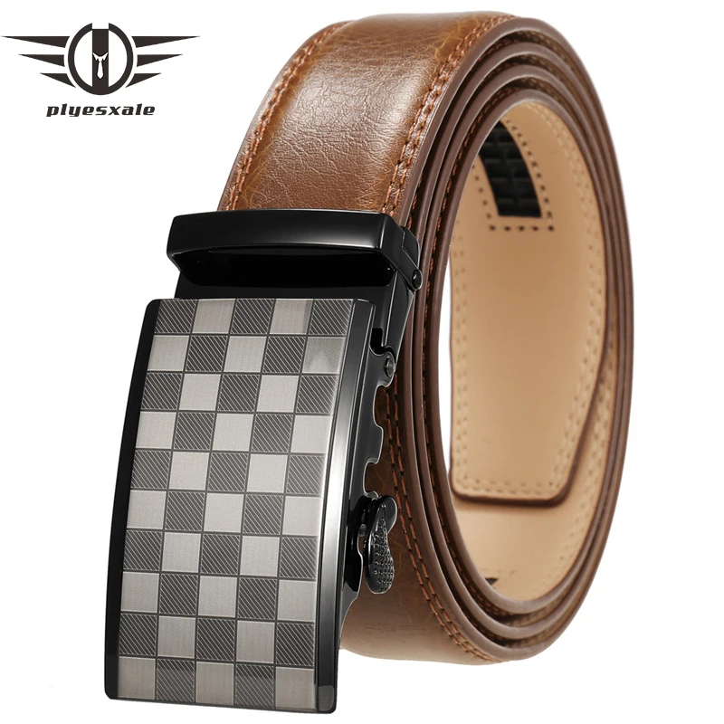 

Plyesxale Brand Cowhide Leather Belts Men Luxury Automatic Buckle Black Tan Brown Belts for Jeans Formal Casual Belt Male G946