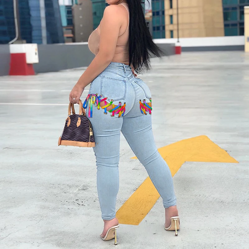

Solid Color Eyelet Lace Up Criss Cross Denim Pants Women High Waist Jeans Streetwear