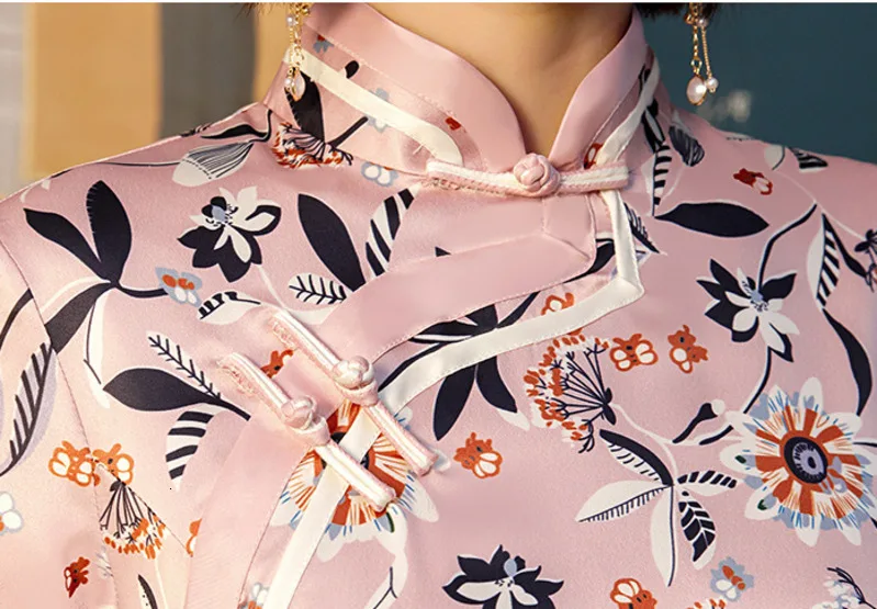 Розовые шелковые платья женские вечерние платья Cheongsam короткое улучшенное винтажное традиционное китайское платье розовое цветочное шоу Qipao