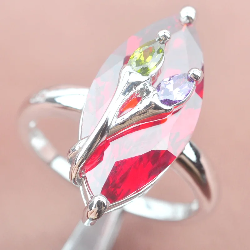 Женское посеребренное кольцо с красным фианитом, размеры 6, 7, 8, 9, SA012