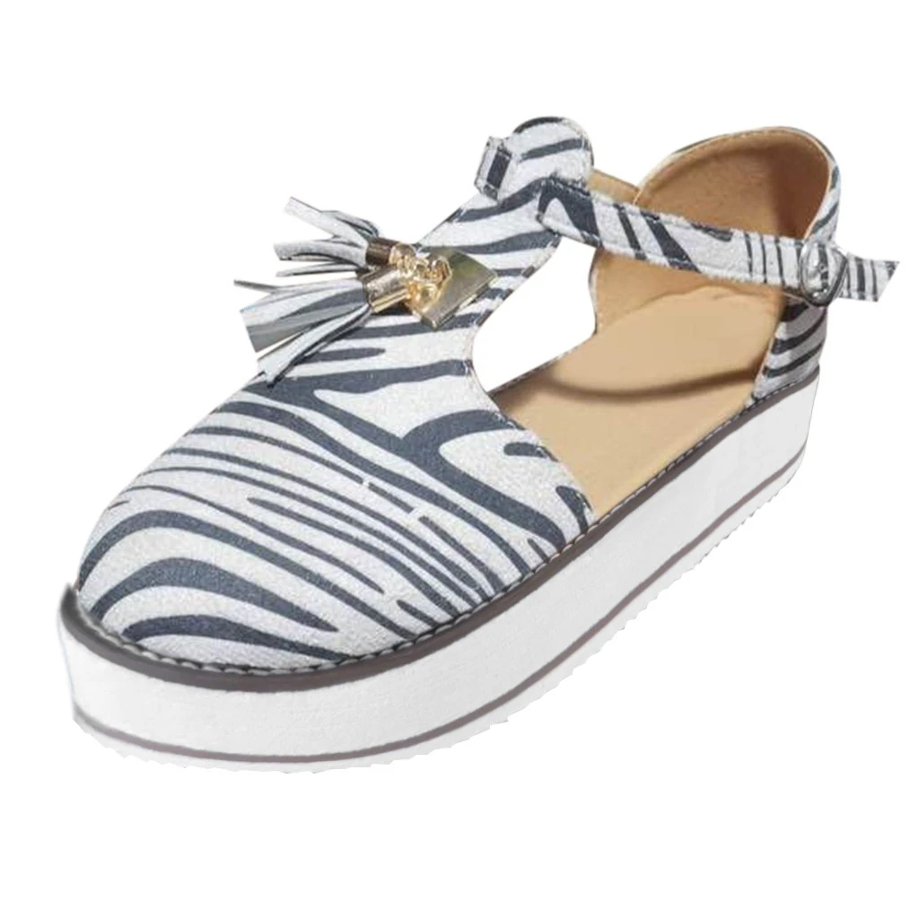 Женщина Vintage сандалии Flat платформа Женская обувь Zebra Pattern Мода кисточкой Удобные