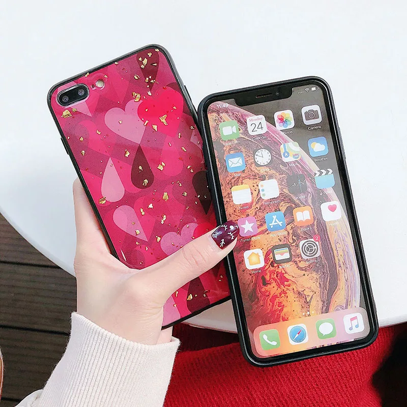 Simple Gold Foil Heart Pattern Red Phone Case for iPhone 6 6s 7 8 Plus X Xs XR Max TPU Soft Back Cover |