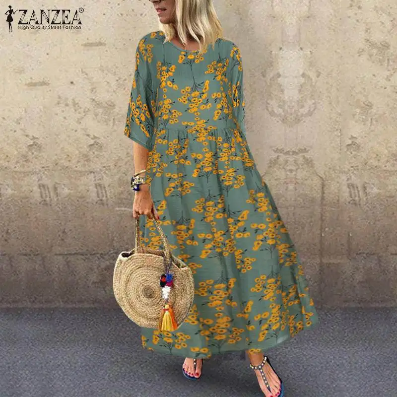 

Платье ZANZEA женское с цветочным принтом, Повседневный Сарафан из хлопка и льна в богемном стиле, с рукавом до локтя, в винтажном стиле, лето 2022