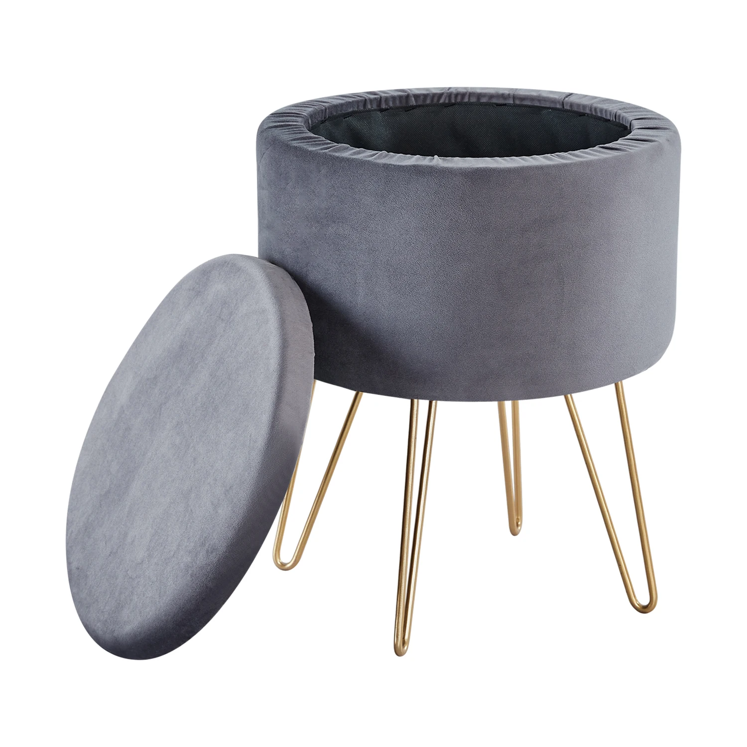 

【USA READY STOCK】Round Velvet Footrest Stool Ottoman, Upholstered Vanity Pouffe with Storage Function Seat/Tray Top Coffee