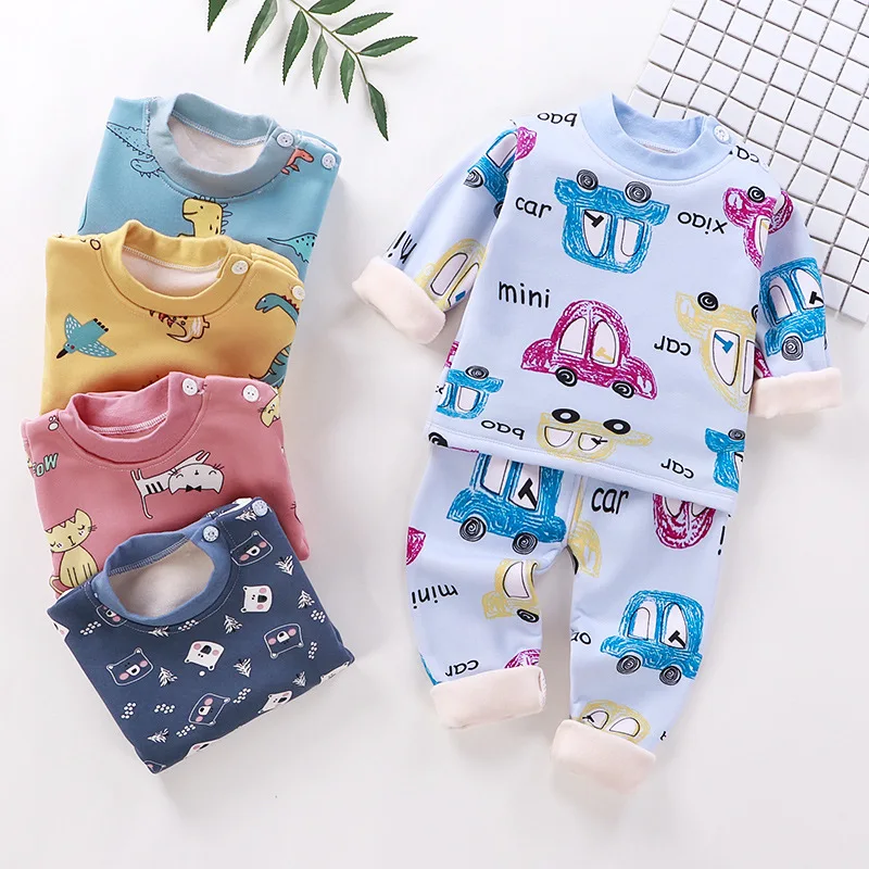 Детские теплые флисовые пижамные комплекты с мультяшным принтом для маленьких