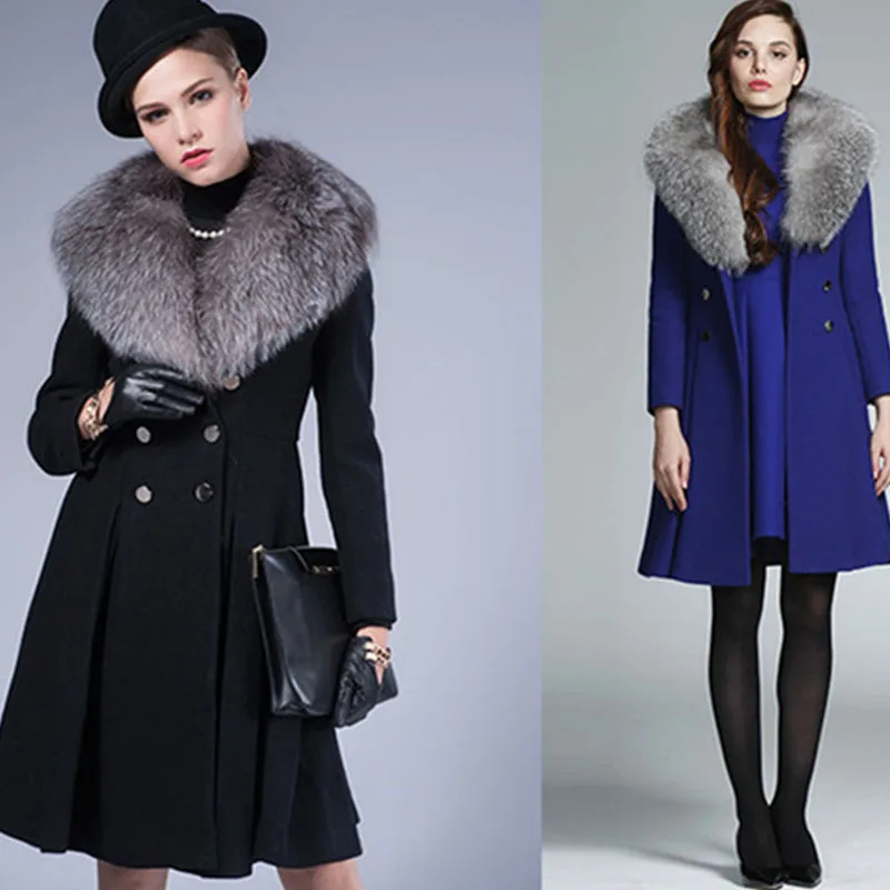 Модные женские пальто Длинная шерстяная двухбортная юбка с воротником из