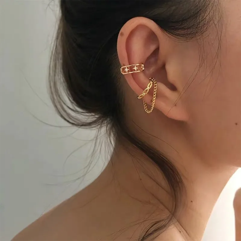 

Trendy Fashion Cirlcle Earcuff Gold Color Link Chain Tassel Clip on Earrings Fake Piercing Earclip Non Pierced Ear Cuff Jewelry