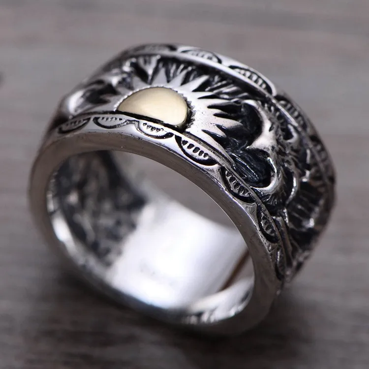 

S925 sterling silver male ring Indian eagle wings sun totem Thai silver ring