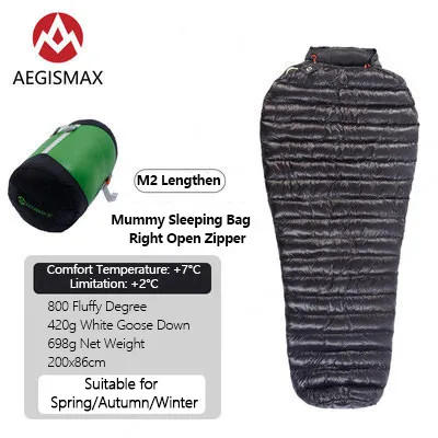 M2-Black-Lengthen AEGISMAX M2 FP800 гусиный пух спальный мешок 36℉~ 45℉ Сверхлегкий Открытый Мумия сплайсинга Тип кемпинг теплый спальный мешок ветрозащитный - Цвет: M2-Black-Lengthen