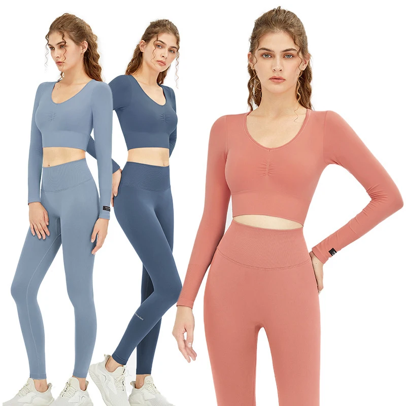 

Yoga Clothes Seamless Sports Suit Women With Chest Pad Running Push-Ups Crop Top High Waist Hip Leggings Gym Fitness Suit Women