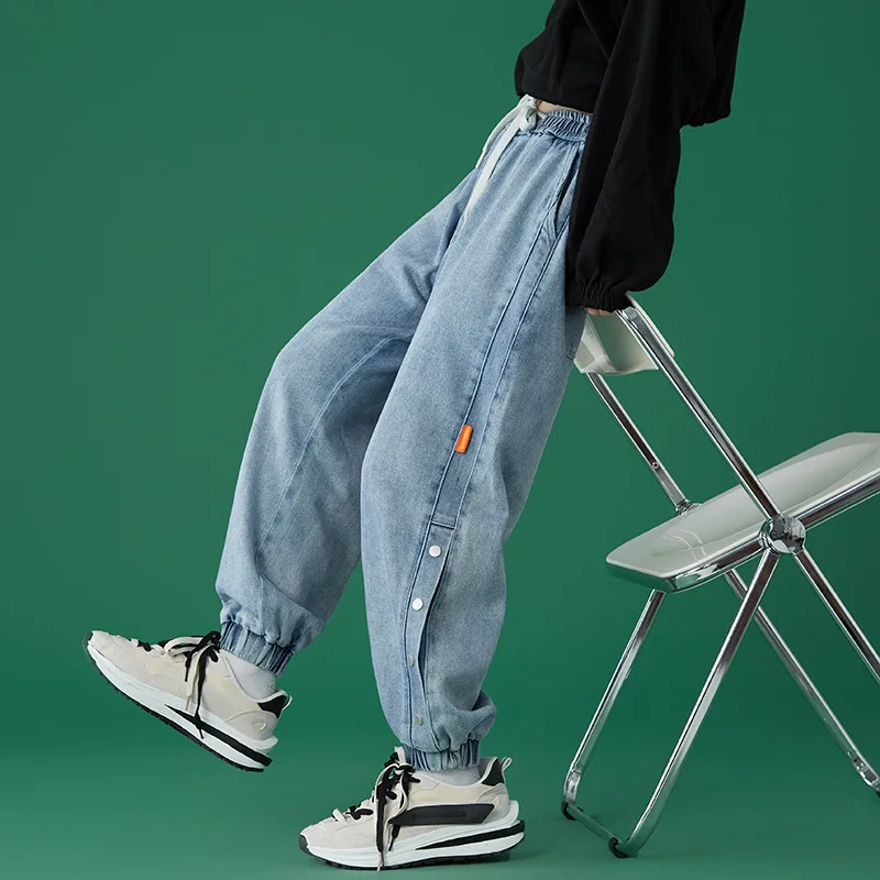 

Autumn Winter Women Jeans Drawstring Elastic Waist Denim Pant Tie Feet Fashion Side Buttons High Waist Loose Wide Leg Cargo Pant