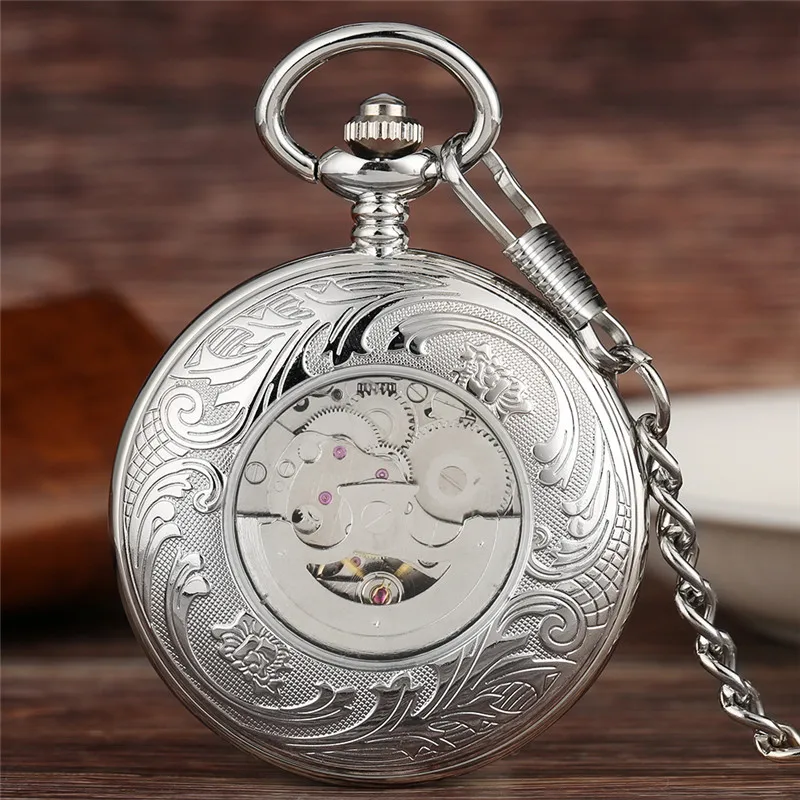 Antique Silver Unisex Pocket Watch Automatic Mechanical Watches for Men Women Roman Number Dial Pendant Clock Luminous Hands