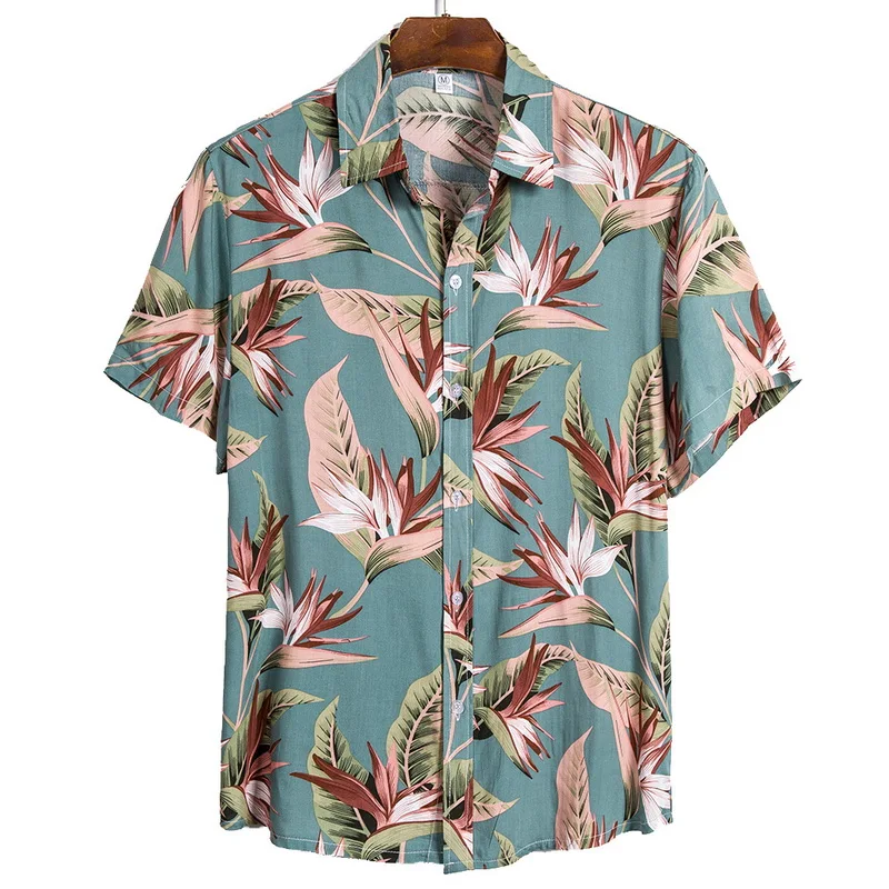 

2021 Summer Pure Cotton Mens Hawaiian Shirt Printed Short Sleeve Big Us Size Hawaii Flower Beach Floral Patterns