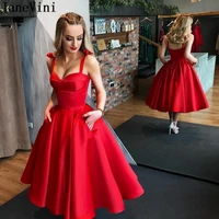 janevini elegant red satin tea length cocktail dress with pockets a line vintage formal party dresses women evening gowns robes