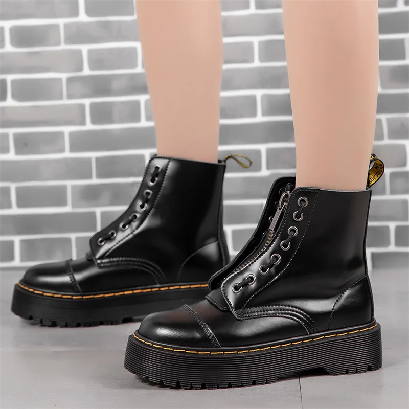 

2021 Winter Women Platform Boots Chunky Ankle Booties Female Leather Zipper Round Toe Boots Ladies Shoes Combat Boot Botas Mujer