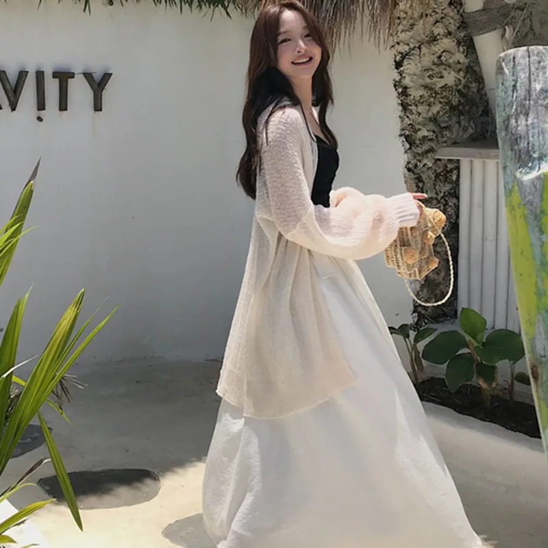 Женская Осенняя одежда однотонное свободное трикотажное кимоно с длинным