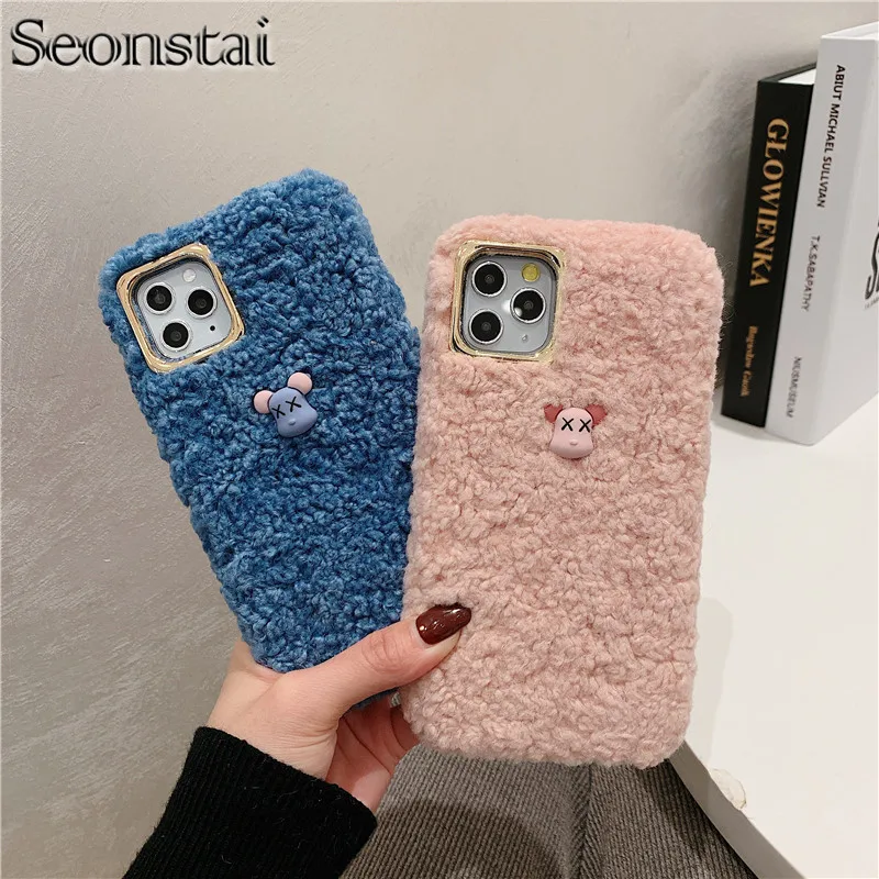 Мультяшные 3D чехлы с вышивкой из меха ворса для iPhone X XS XR 11 Pro Max 7 8 Plus теплая ручная