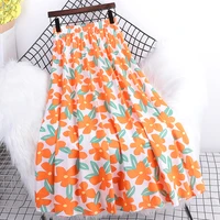 summer new style high waist slimming fashion printing casual all match a line big swing cotton and linen fabric mid length skirt